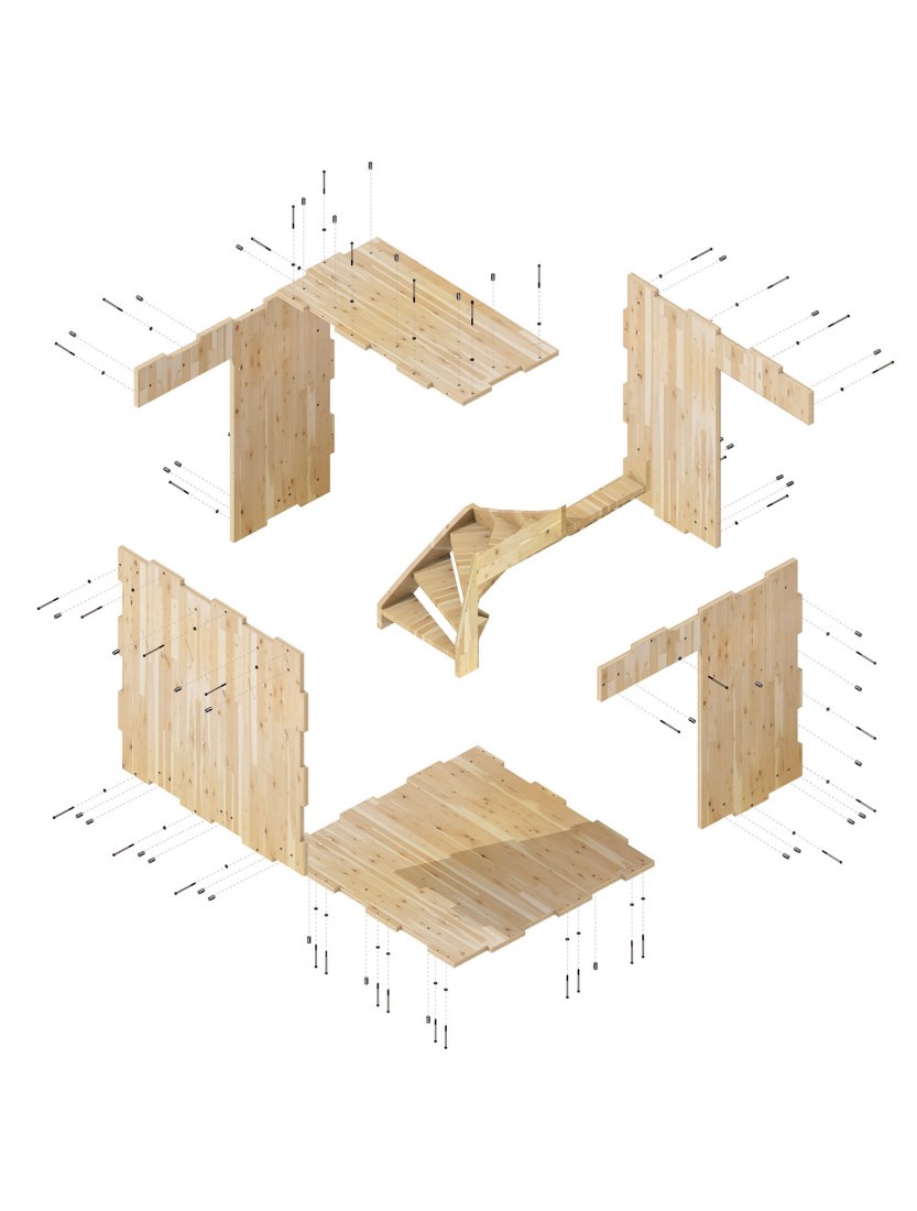 Diagrama de la axonometría de los paneles CLT tulipwood, por Waugh Thistleton.