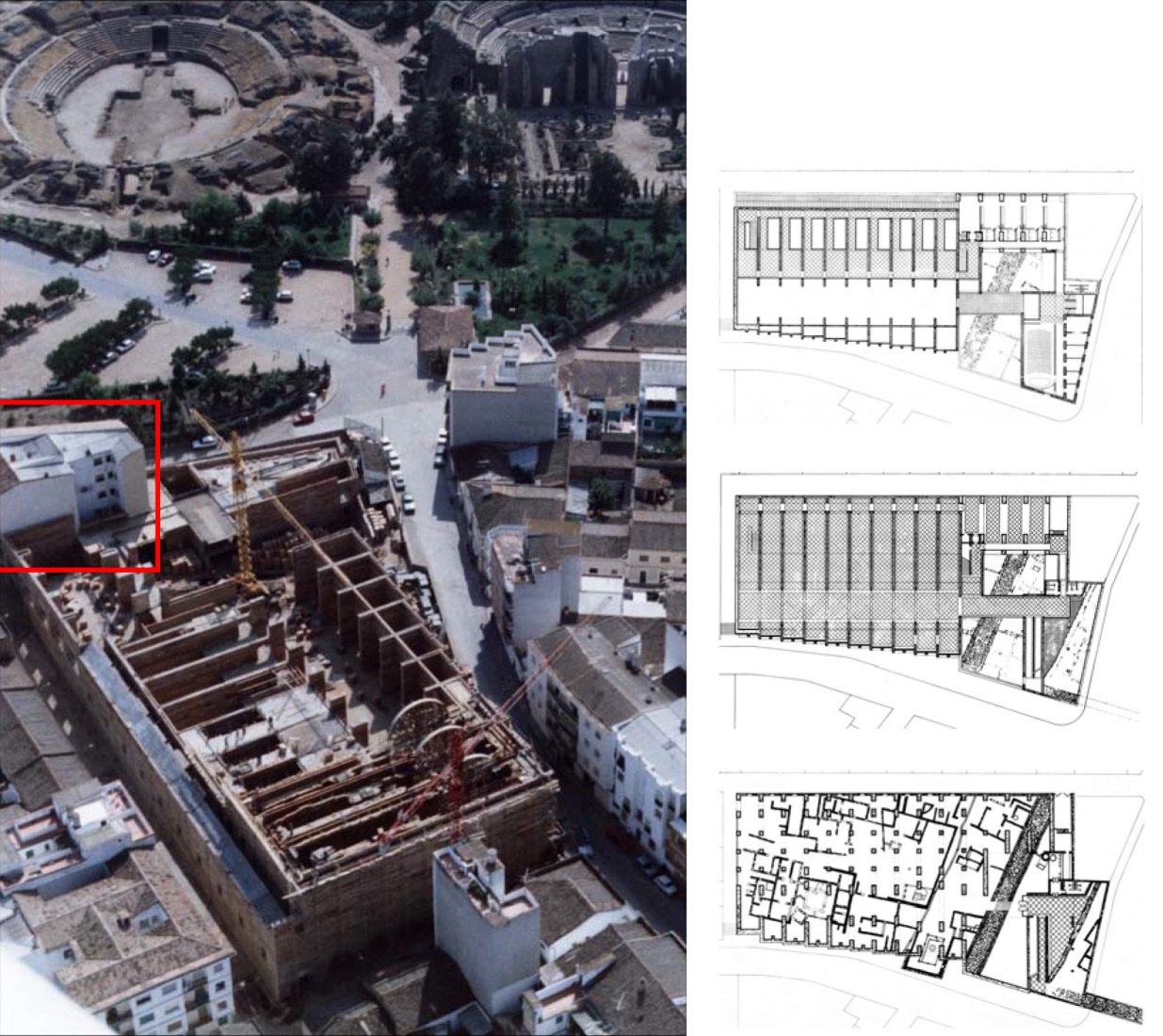 Ubicación y proyecto original en construcción. Ampliación del Museo Nacional de Arte Romano de Mérida por Rafael Moneo