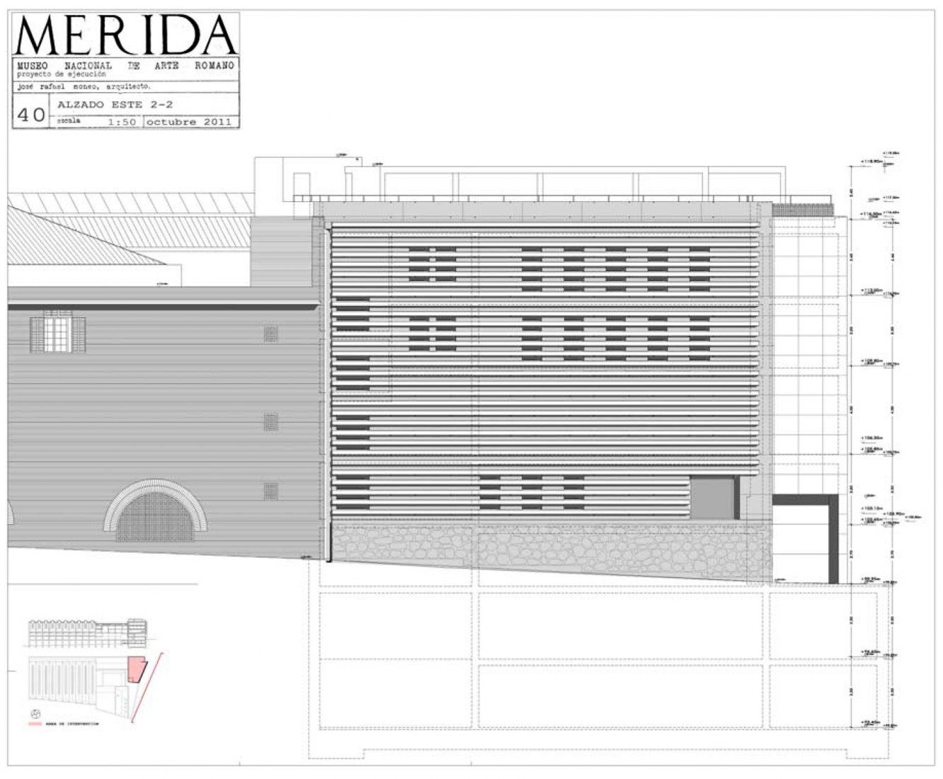 Alzado. Ampliación del Museo Nacional de Arte Romano de Mérida por Rafael Moneo