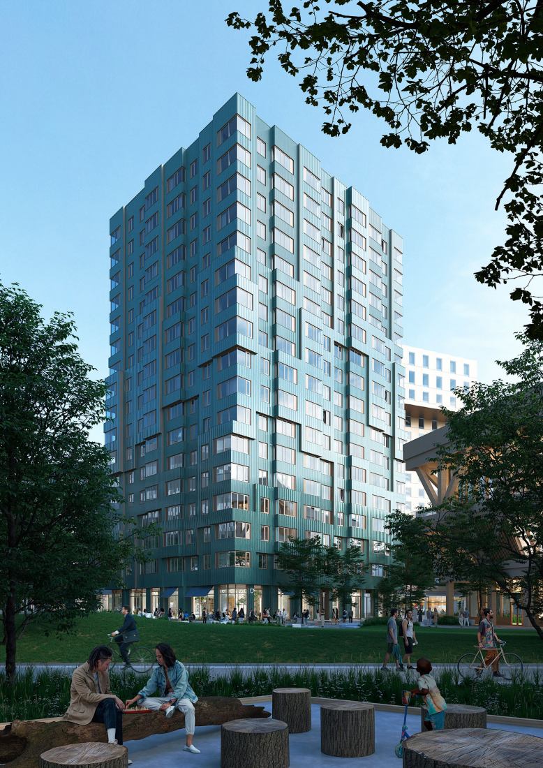 General view, rendering. Enterprise Research Campus - Residential buildings 3 & 5 by MVRDV.