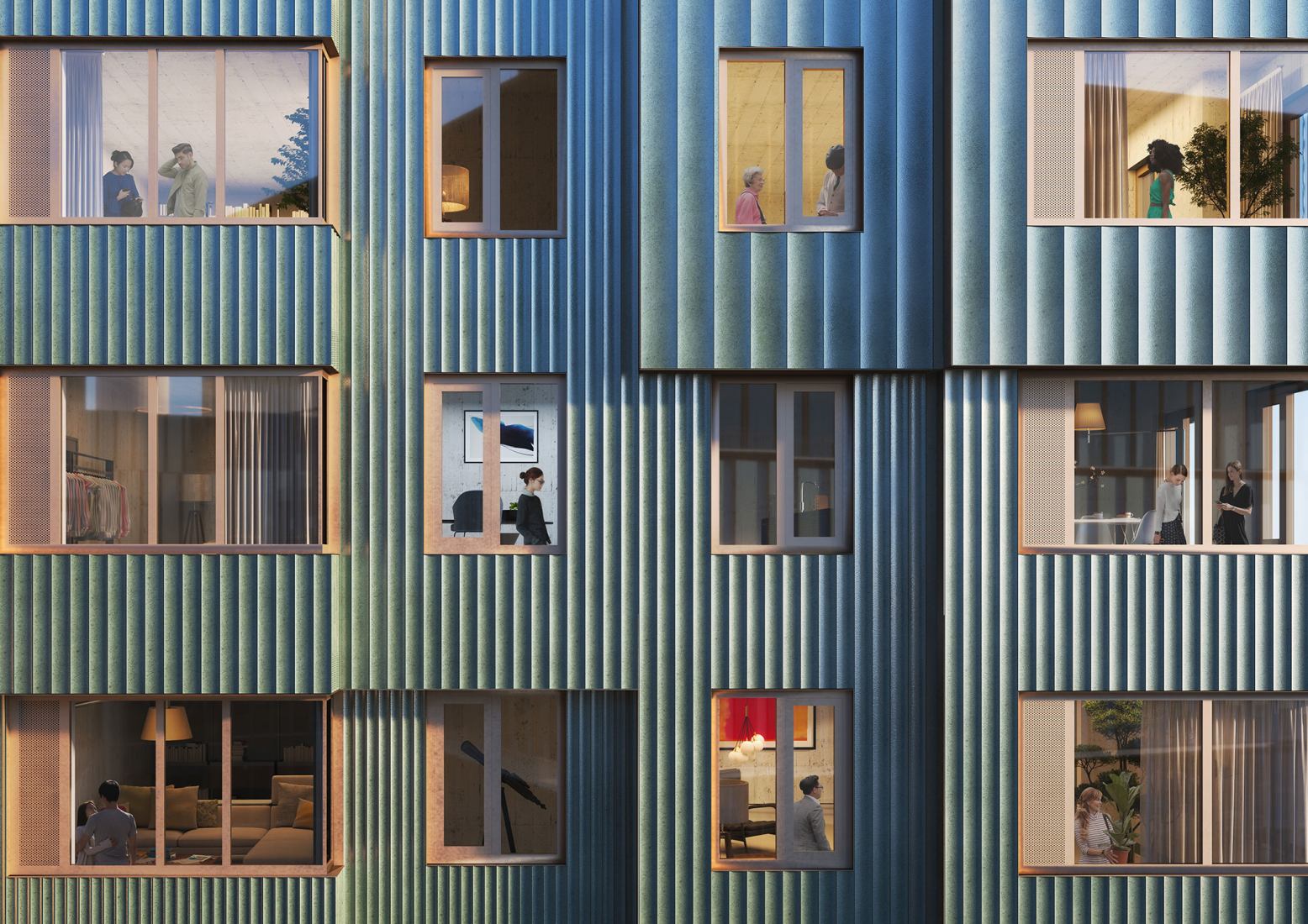 View two of close up facade, rendering. Enterprise Research Campus - Residential buildings 3 & 5 by MVRDV.