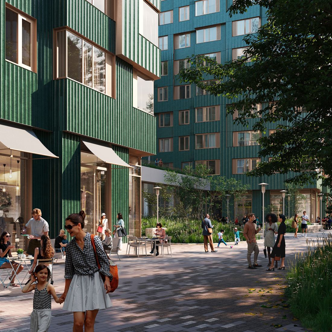 Street view, rendering. Enterprise Research Campus - Residential buildings 3 & 5 by MVRDV.