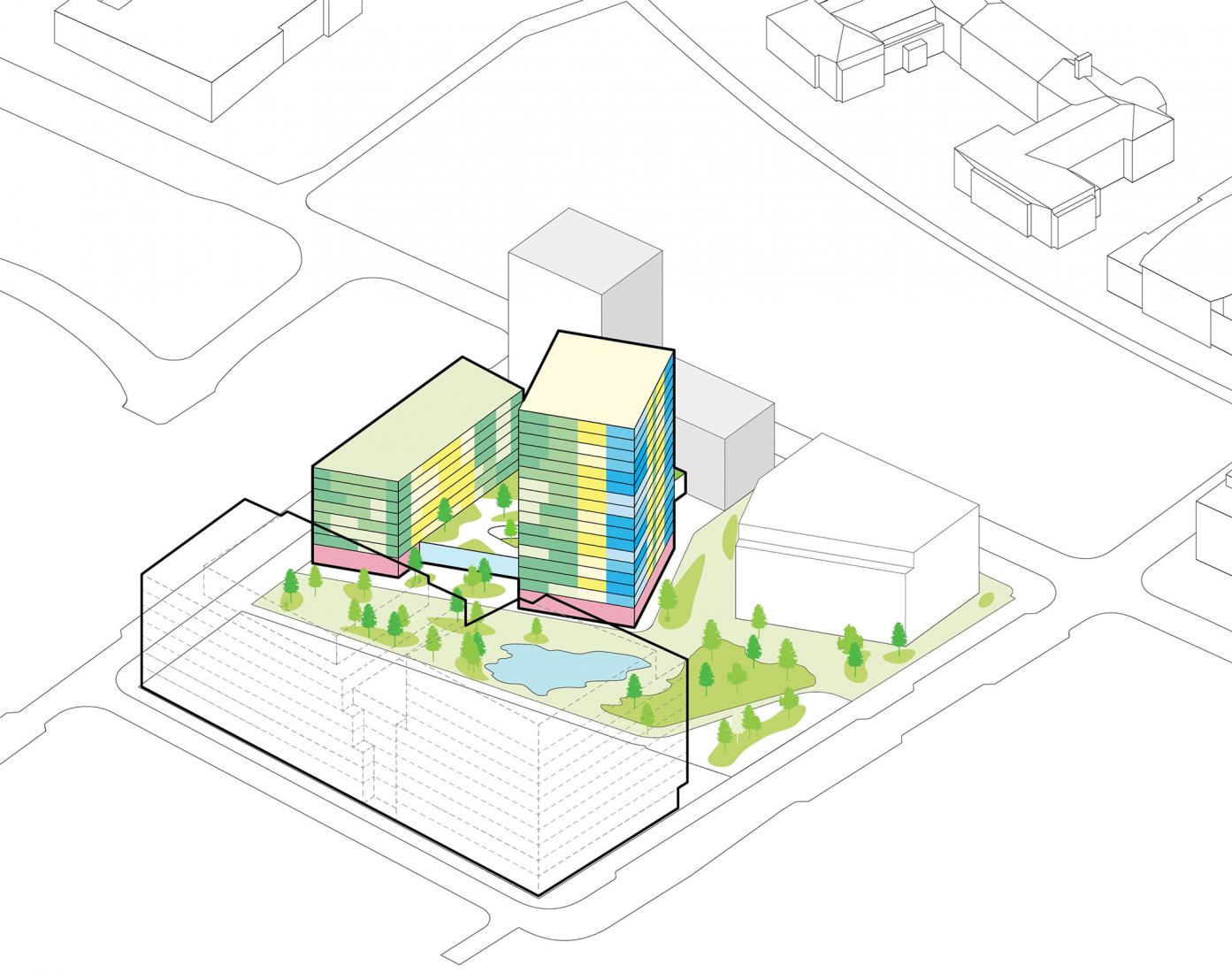 Axonometry, rendering. Enterprise Research Campus - Residential buildings 3 & 5 by MVRDV.