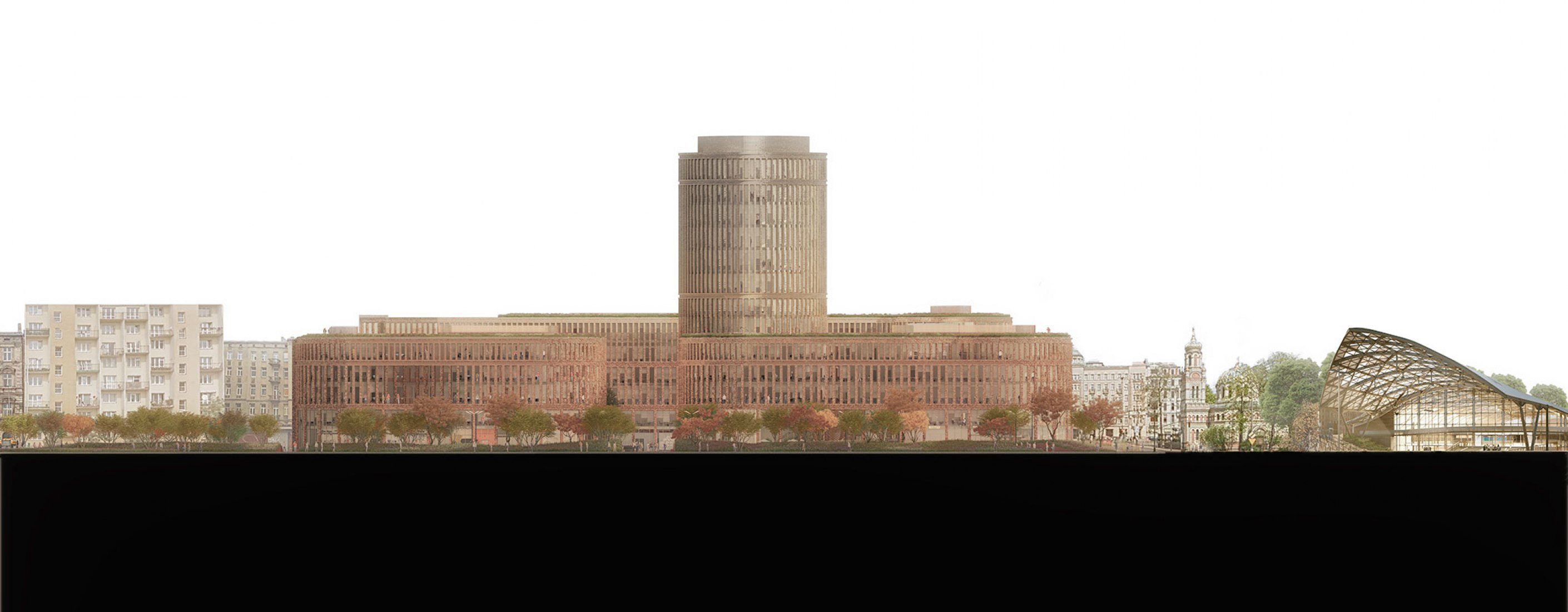 The building is a grand addition to the existing city centre but fits well with the area around the new station. Image by MVRDV
