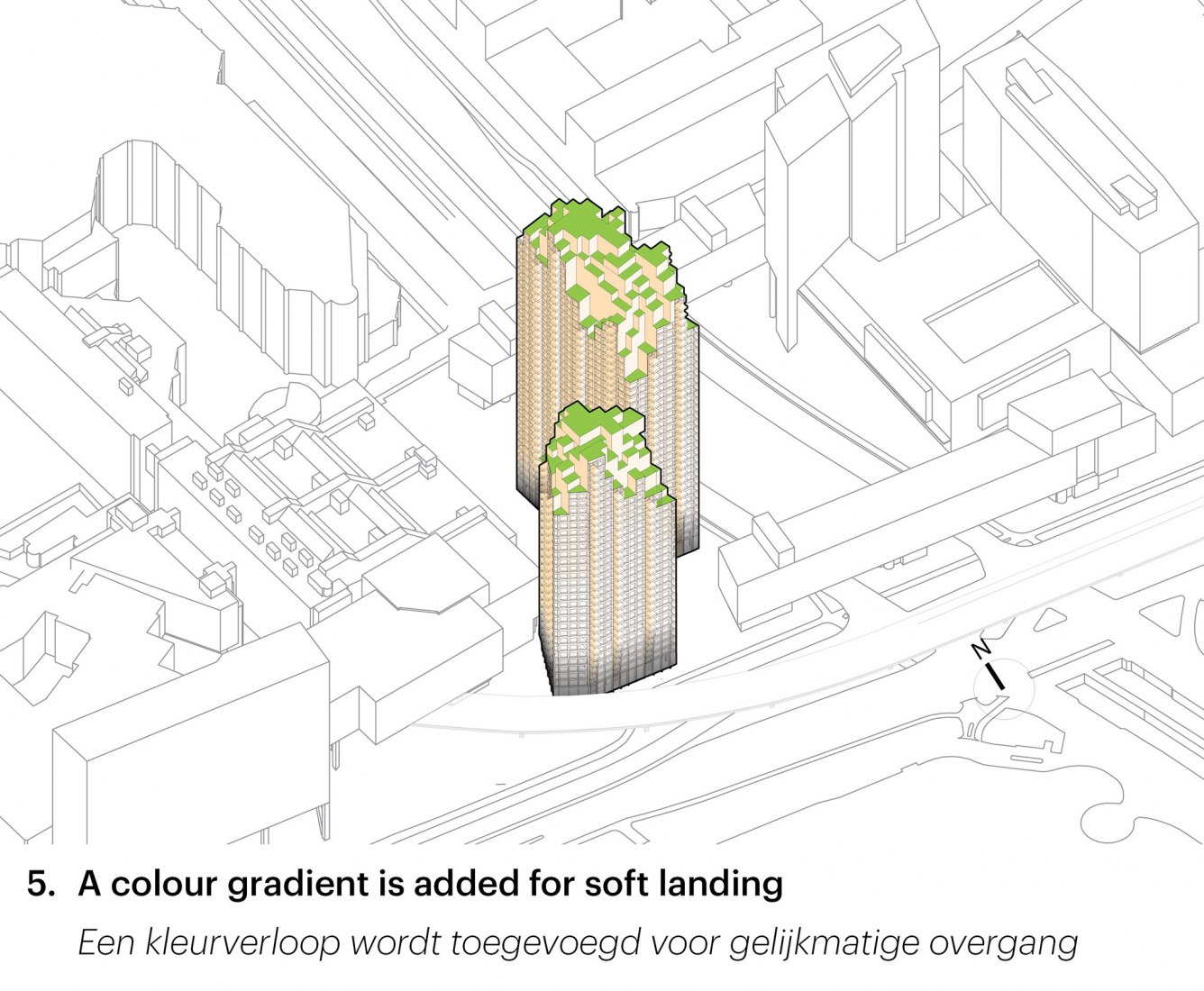 Se agrega un degradado de color para un aterrizaje suave. Torres Grotius por MVRDV. 