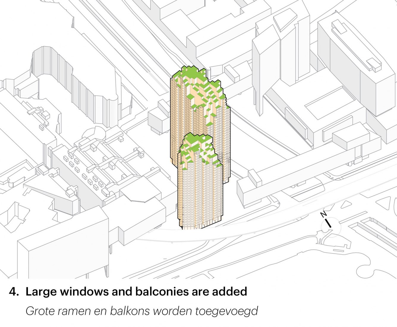 Se añaden grandes ventanas y balcones. Torres Grotius por MVRDV. 