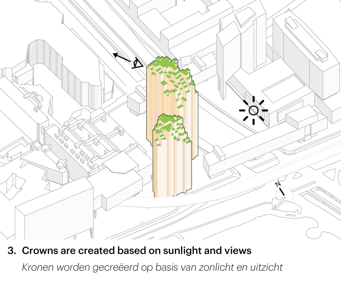 Las coronas se crean en función de la luz solar y las vistas. Torres Grotius por MVRDV. 