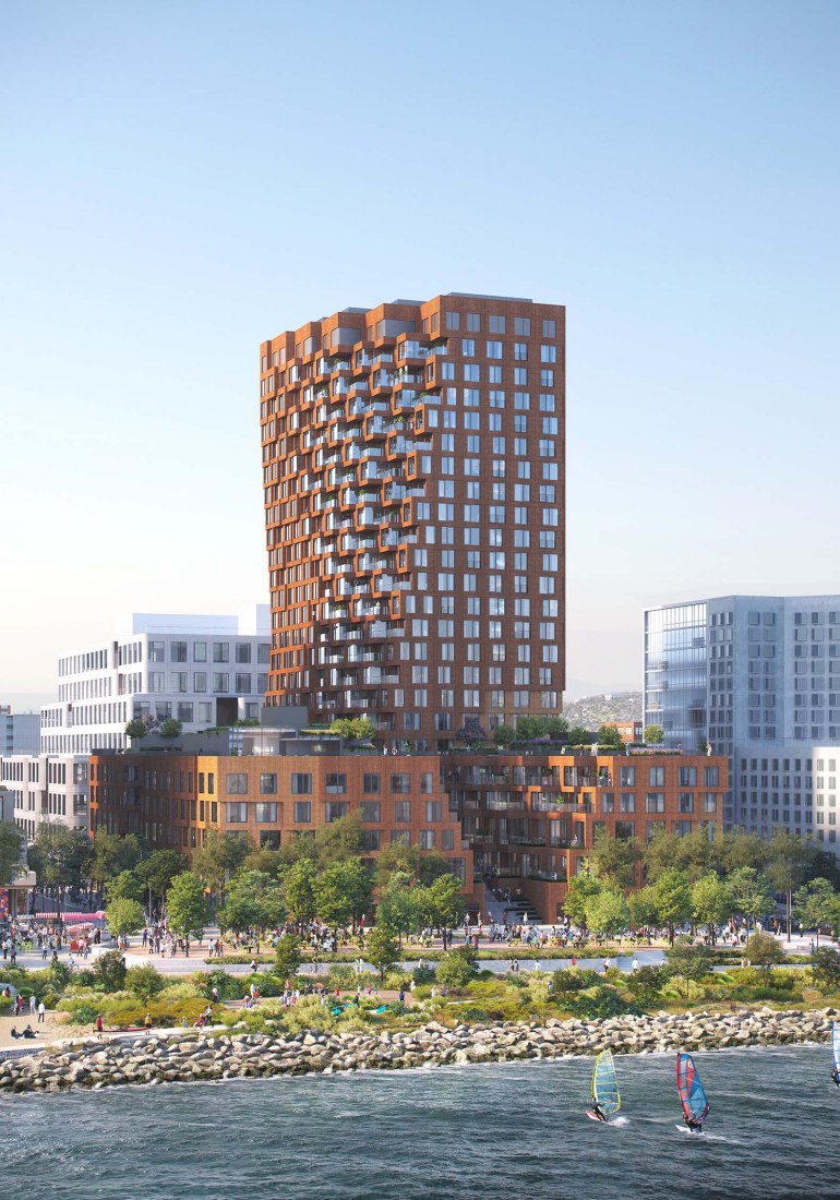 Edificio A - Mission Rock por MVRDV, Perry Architects. Visualización por Pixelflakes