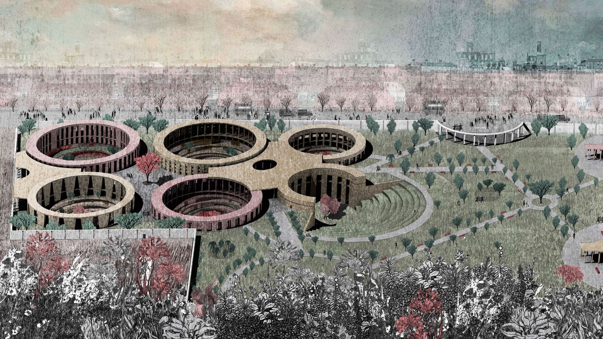 Plans by 318 Studio would convert several of the pits to create a semi-subterranean crematorium, and Outpost would encircle a circular patch of landscaping with a mixed-use development housed in individual gabled blocks.