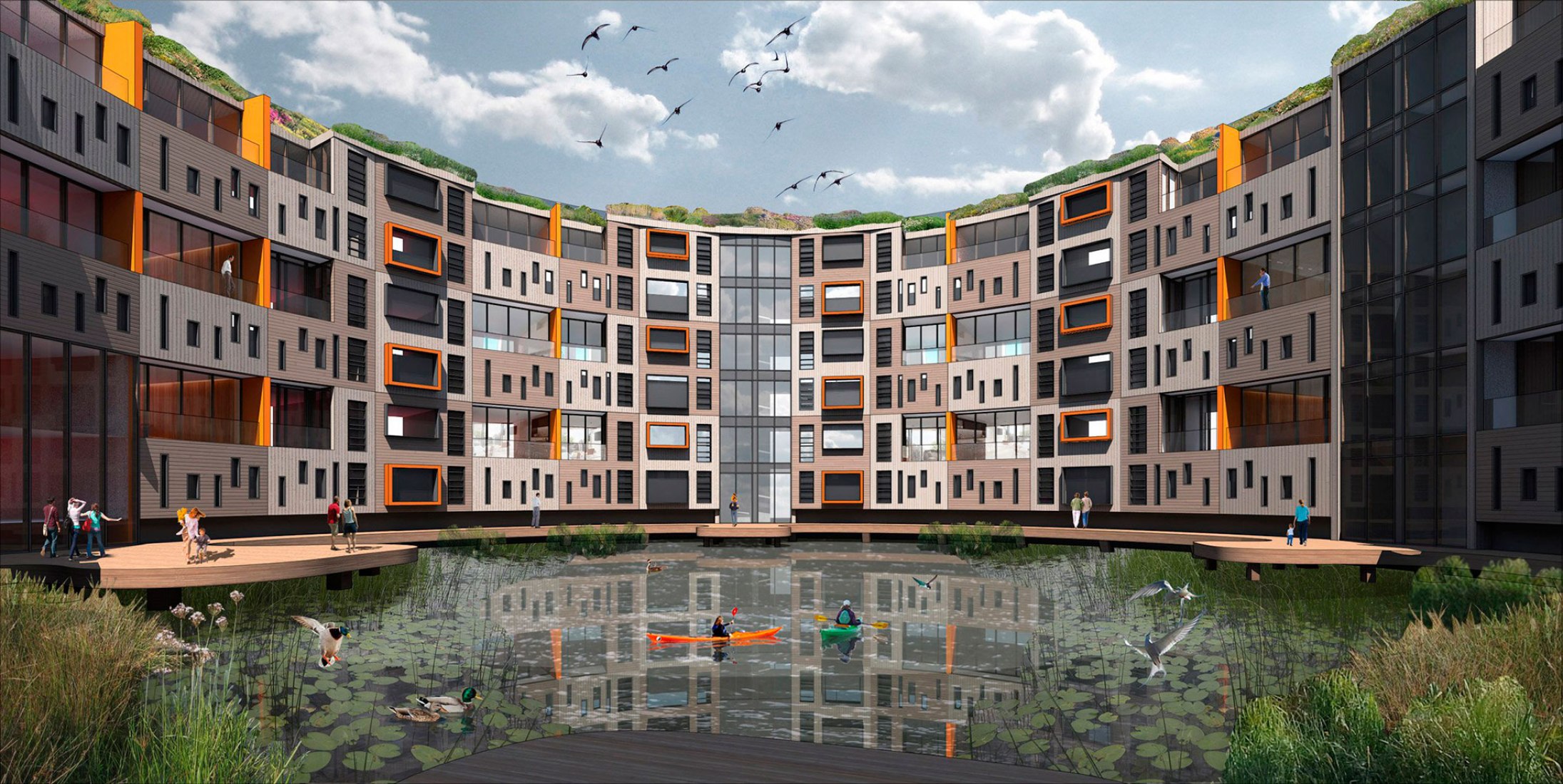 Max Architects has pitched a housing development surrounding a circular boating pond.