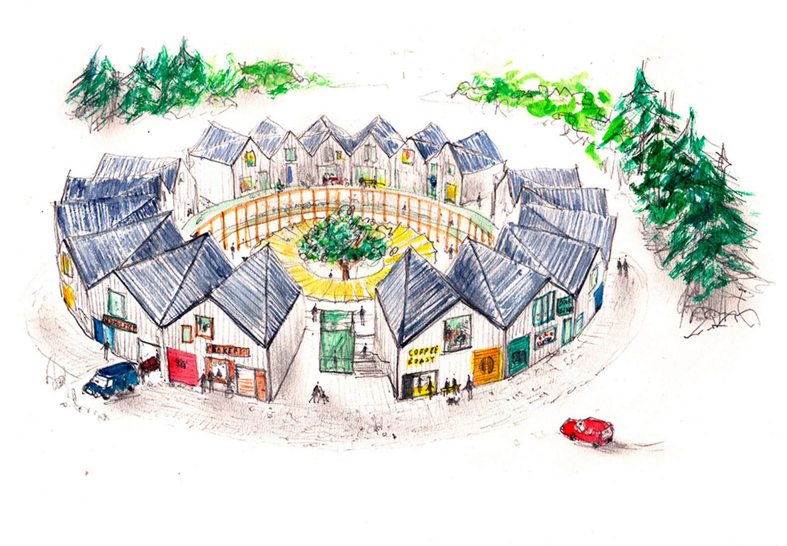 Outpost would encircle a circular patch of landscaping with a mixed-use development housed in individual gabled blocks