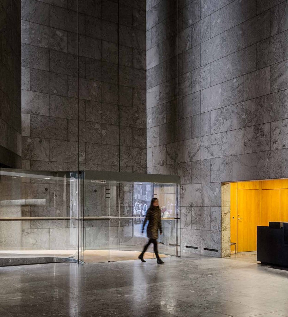 Staircase of the National Bank of Denmark, designed by Arne Jacobsen, in the middle of Copenhagen, between 1966 and 1978. Image courtesy of National Bank of Denmark