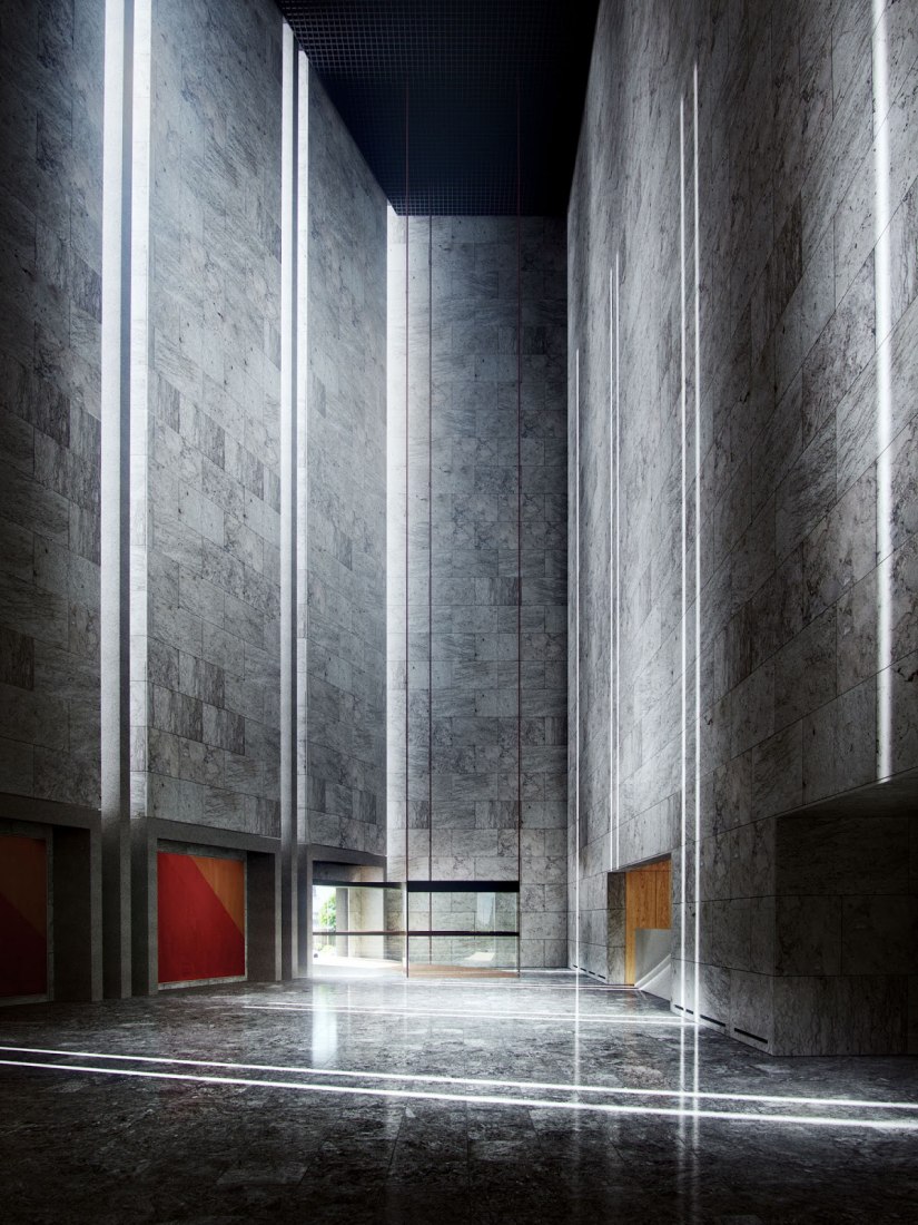 Staircase of the National Bank of Denmark, designed by Arne Jacobsen, in the middle of Copenhagen, between 1966 and 1978. Image courtesy of National Bank of Denmark