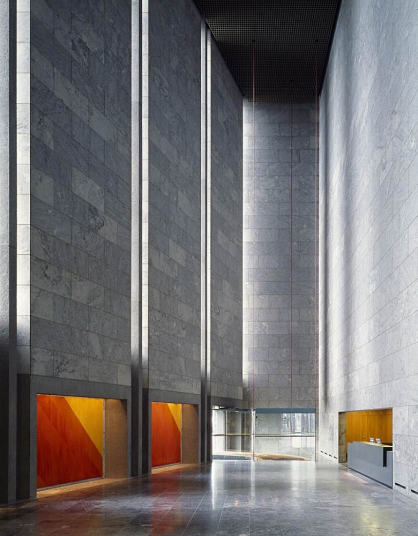 Staircase of the National Bank of Denmark, designed by Arne Jacobsen, in the middle of Copenhagen, between 1966 and 1978. Image courtesy of National Bank of Denmark