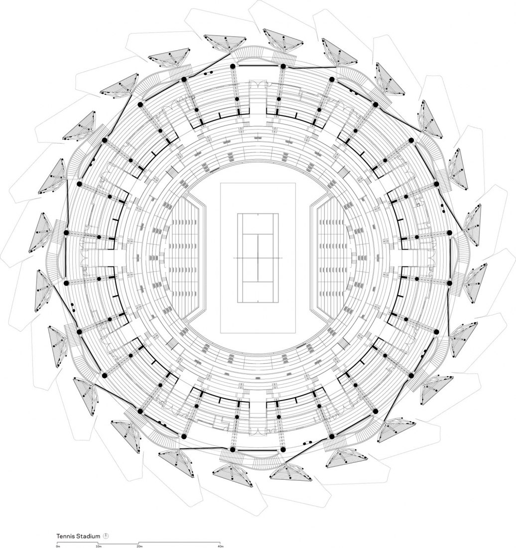 Estadio de tenis. Plano de situación. Complejo Deportivo Olímpico de Hangzhou por NBBJ.
