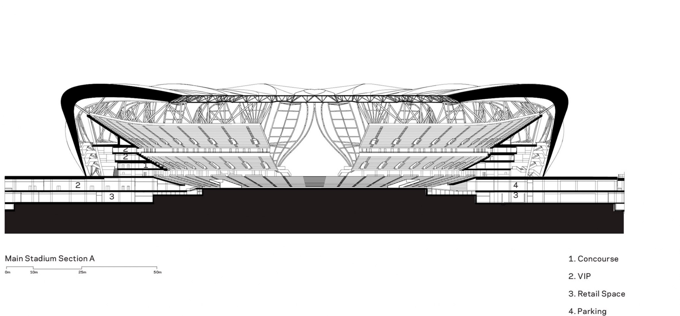 Estadio principal sección. Plano de situación. Complejo Deportivo Olímpico de Hangzhou por NBBJ.