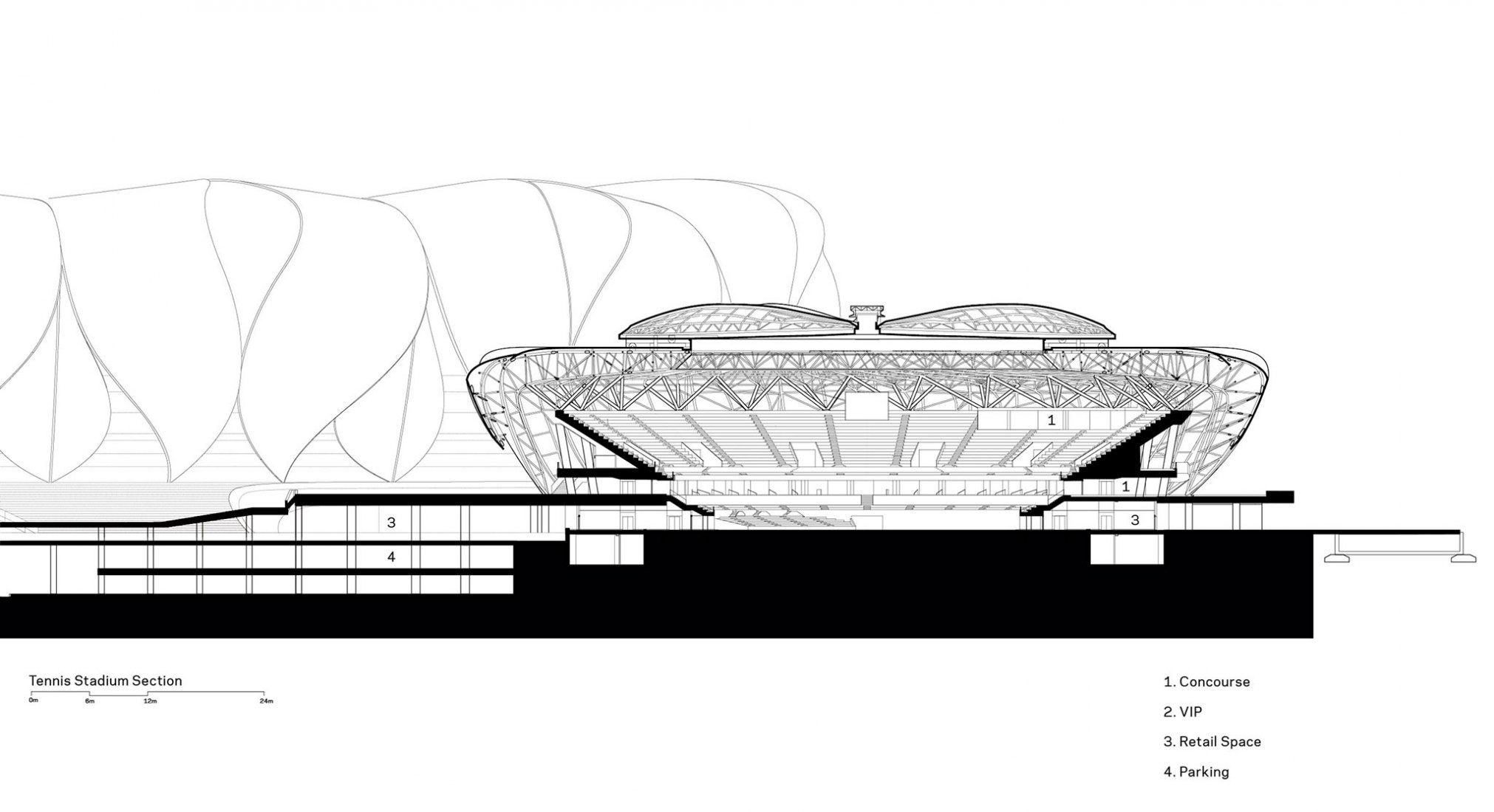 Sección estadio de tenis. Plano de situación. Complejo Deportivo Olímpico de Hangzhou por NBBJ.