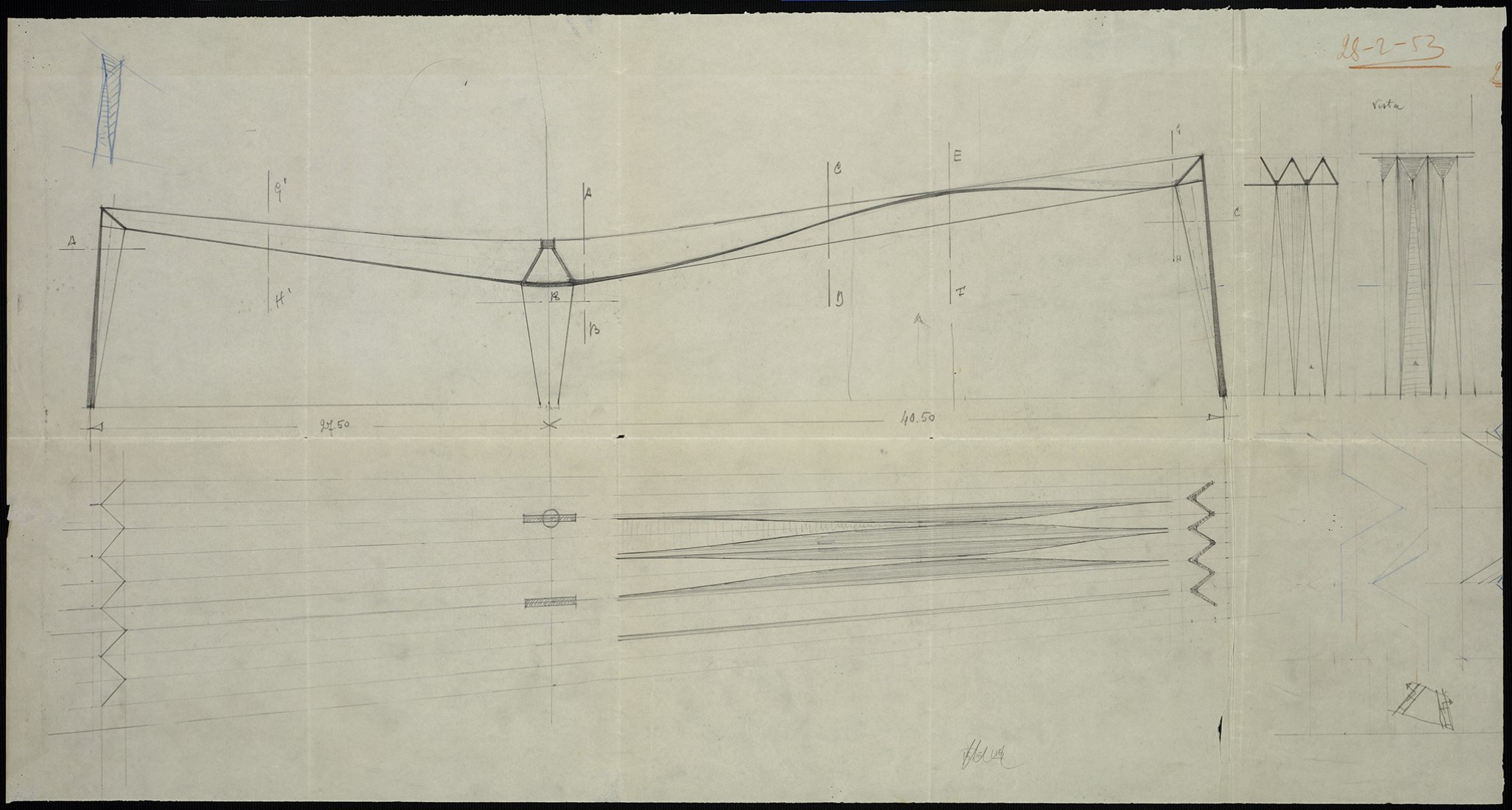 Pier Luigi Nervi, Sede de la UNESCO en París Dibujo de la sección longitudinal que muestra el patrón de deformación de la estructura por cargas verticales, Plano del techo, 1953. Fotografía cortesía de MAXXI, Archivio Pier Luigi Nervi, Roma 