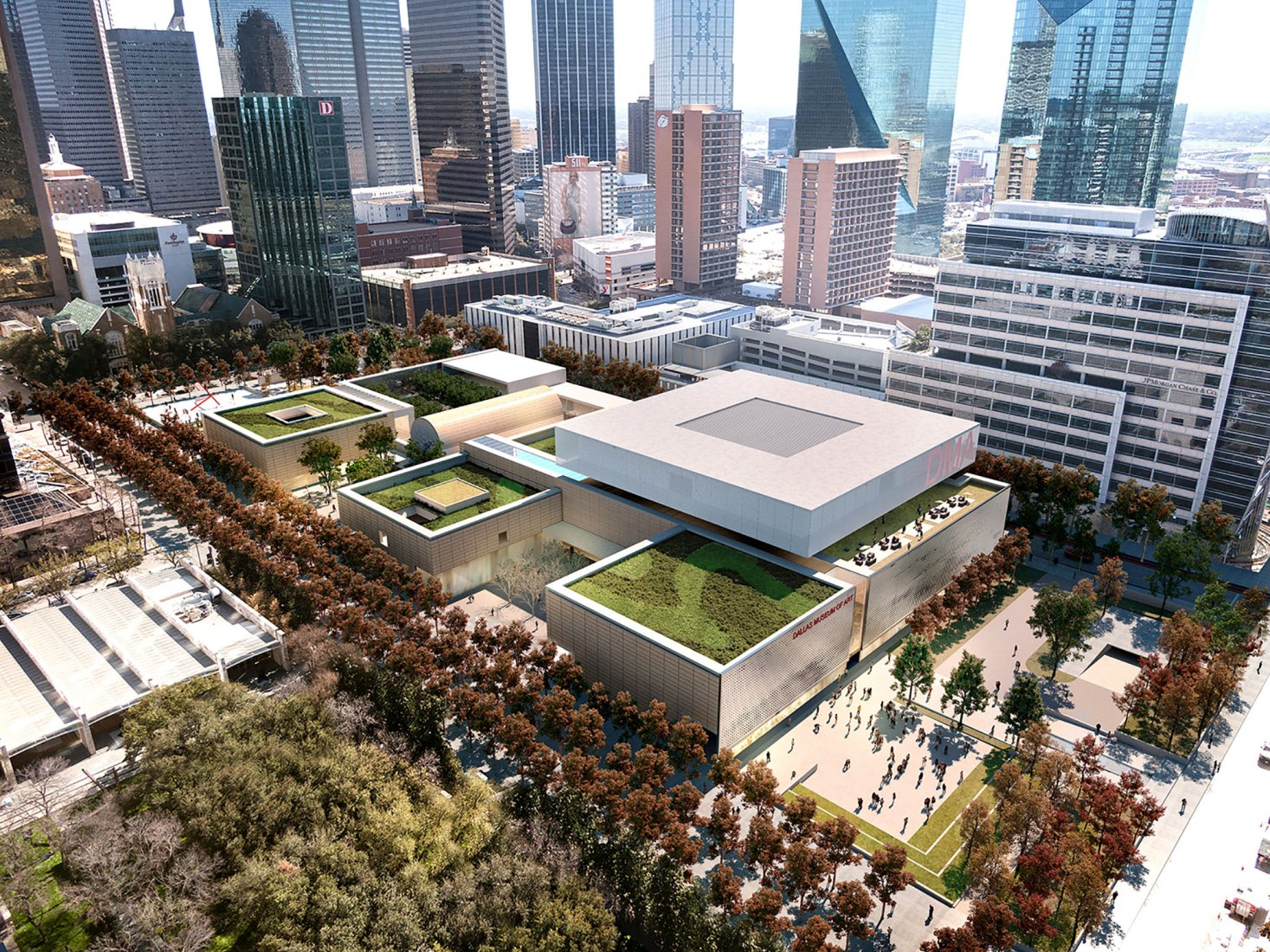 Vista aérea. Museo de arte de Dallas Museum por Nieto Sobejano Arquitectos. Visualización por NSA.