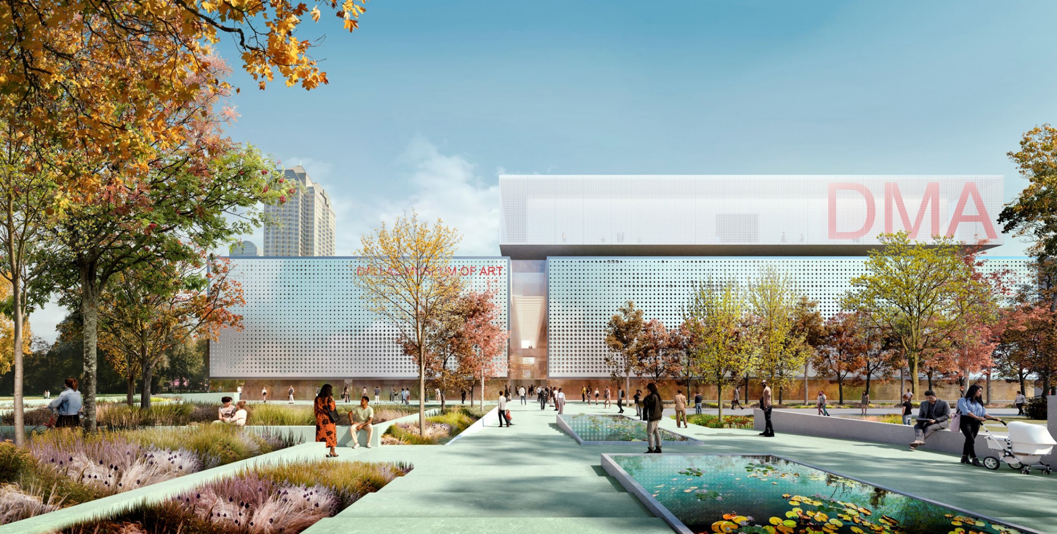 Vista desde el parque Klyde Warren. Museo de arte de Dallas Museum por Nieto Sobejano Arquitectos. Visualización por NSA.