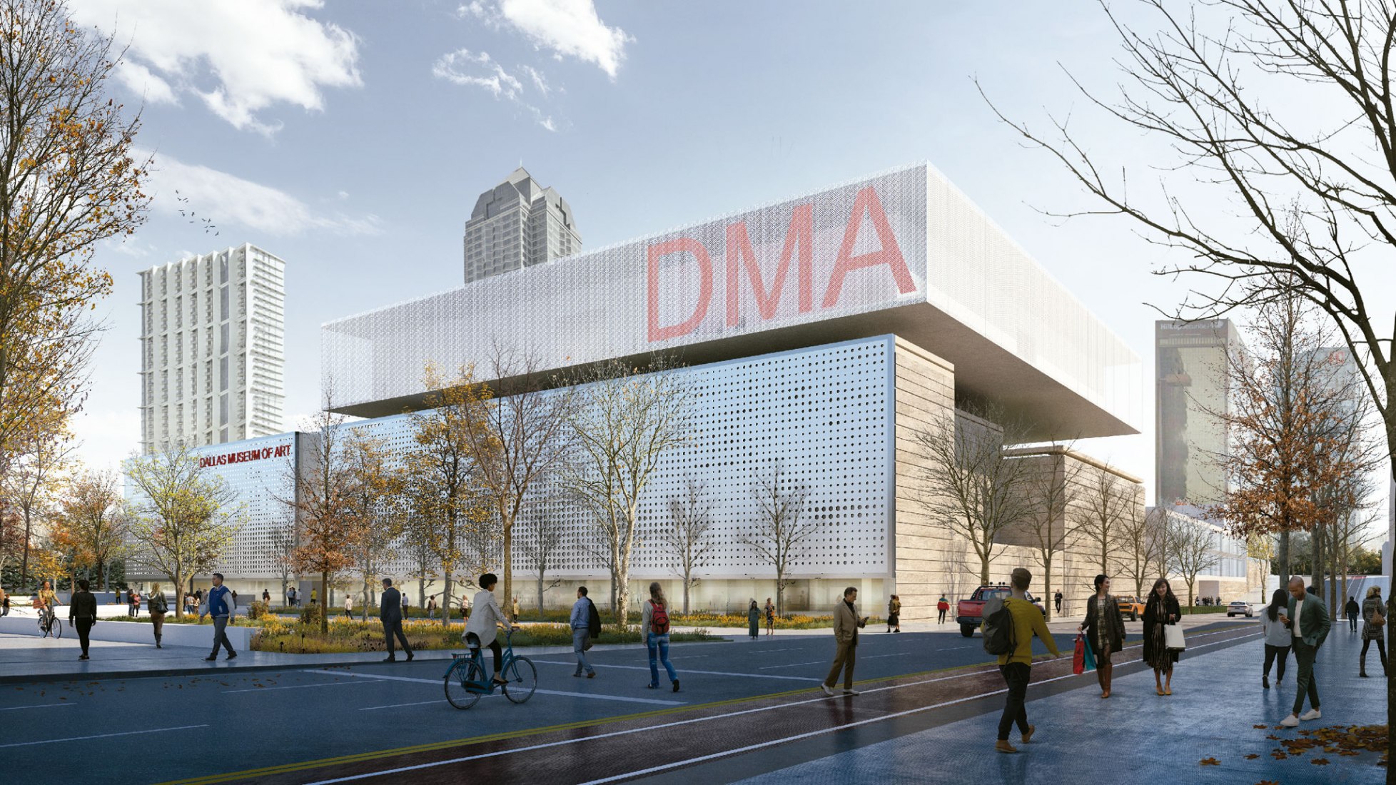 Hamon Forecourt vista. Museo de arte de Dallas Museum por Nieto Sobejano Arquitectos. Visualización por NSA. 