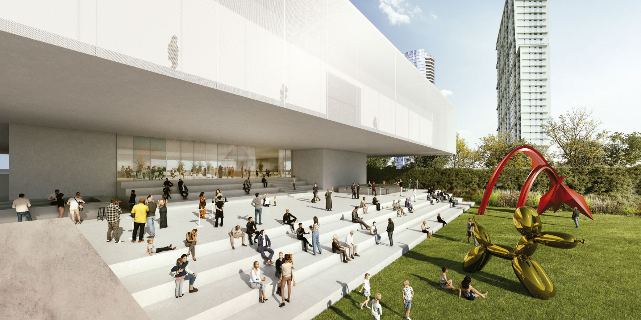 Terraza en la azotea y vista del espacio para eventos. Museo de arte de Dallas Museum por Nieto Sobejano Arquitectos. Visualización por NSA.