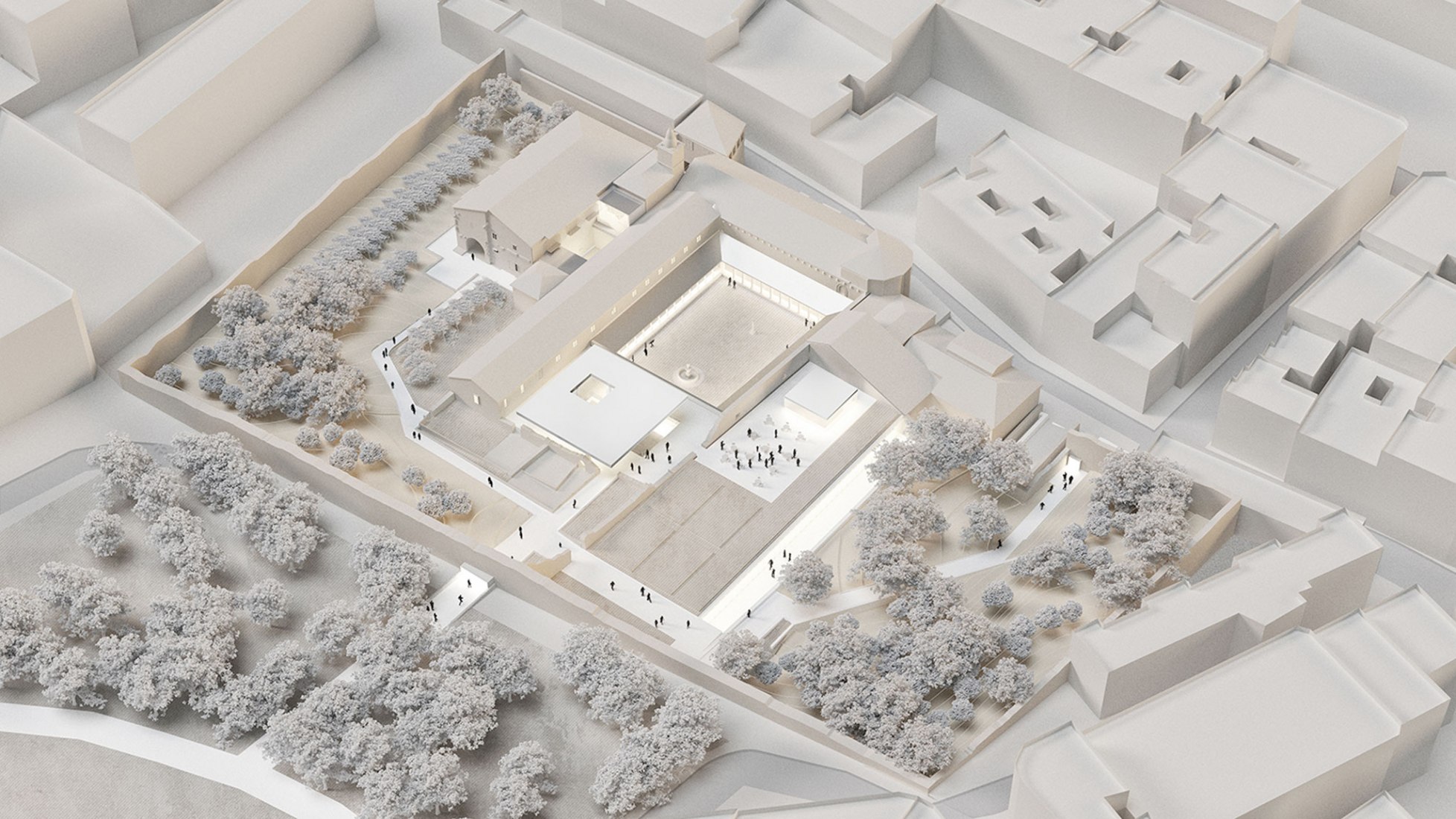 Rendering aerial view of the Pontevedra Museum by Nieto Sobejano Arquitectos