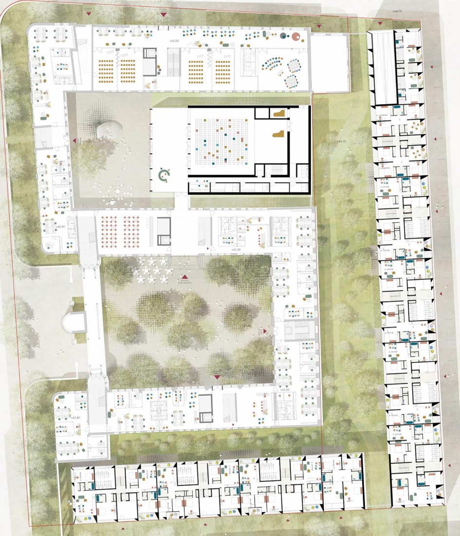 Plano de planta baja. Complejo Tor 2 - Clouth Areal por Nieto Sobejano Arquitectos