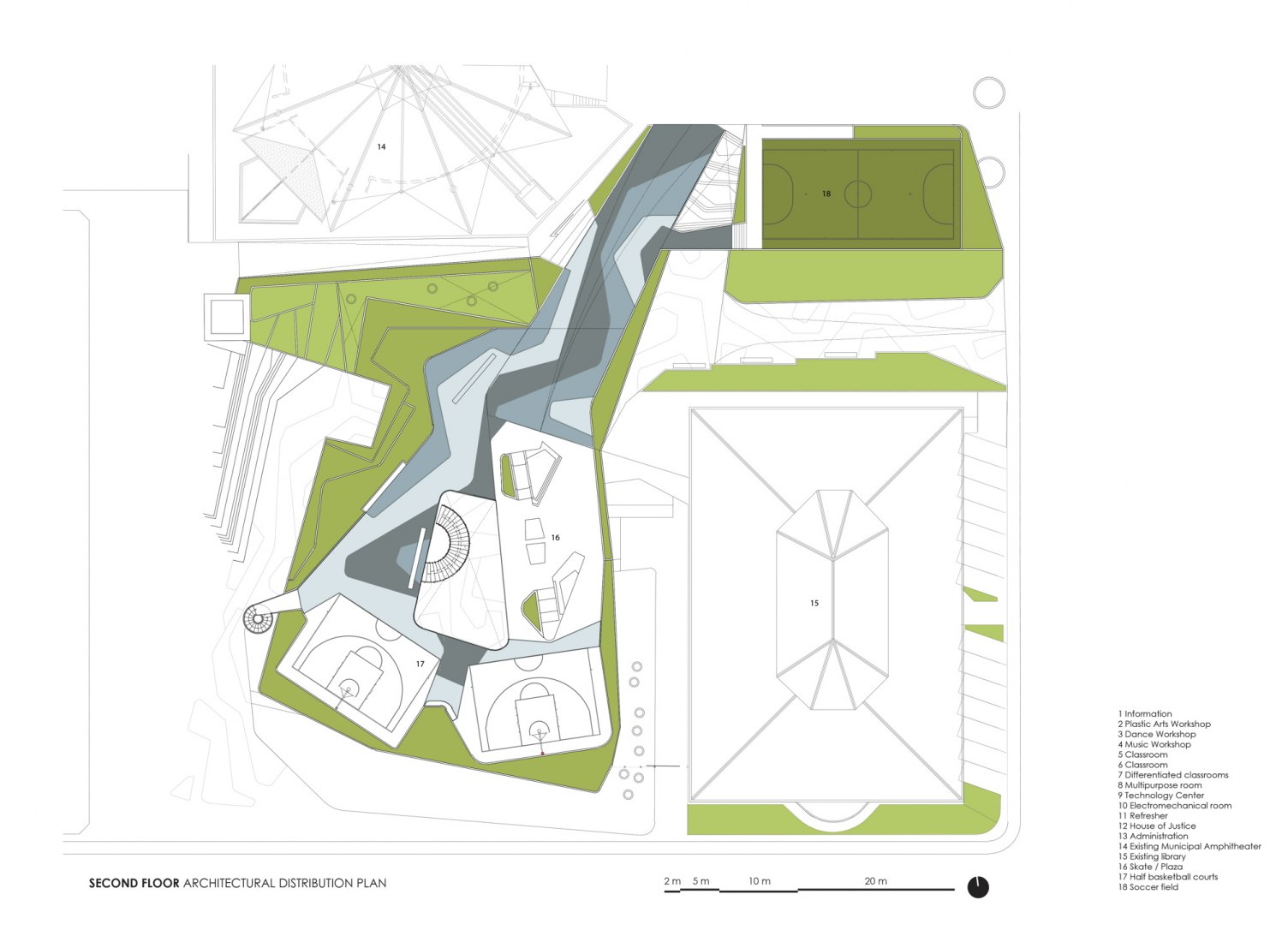 Second floor plan. Civic Center for Peace by Norte Sur Arquitectos