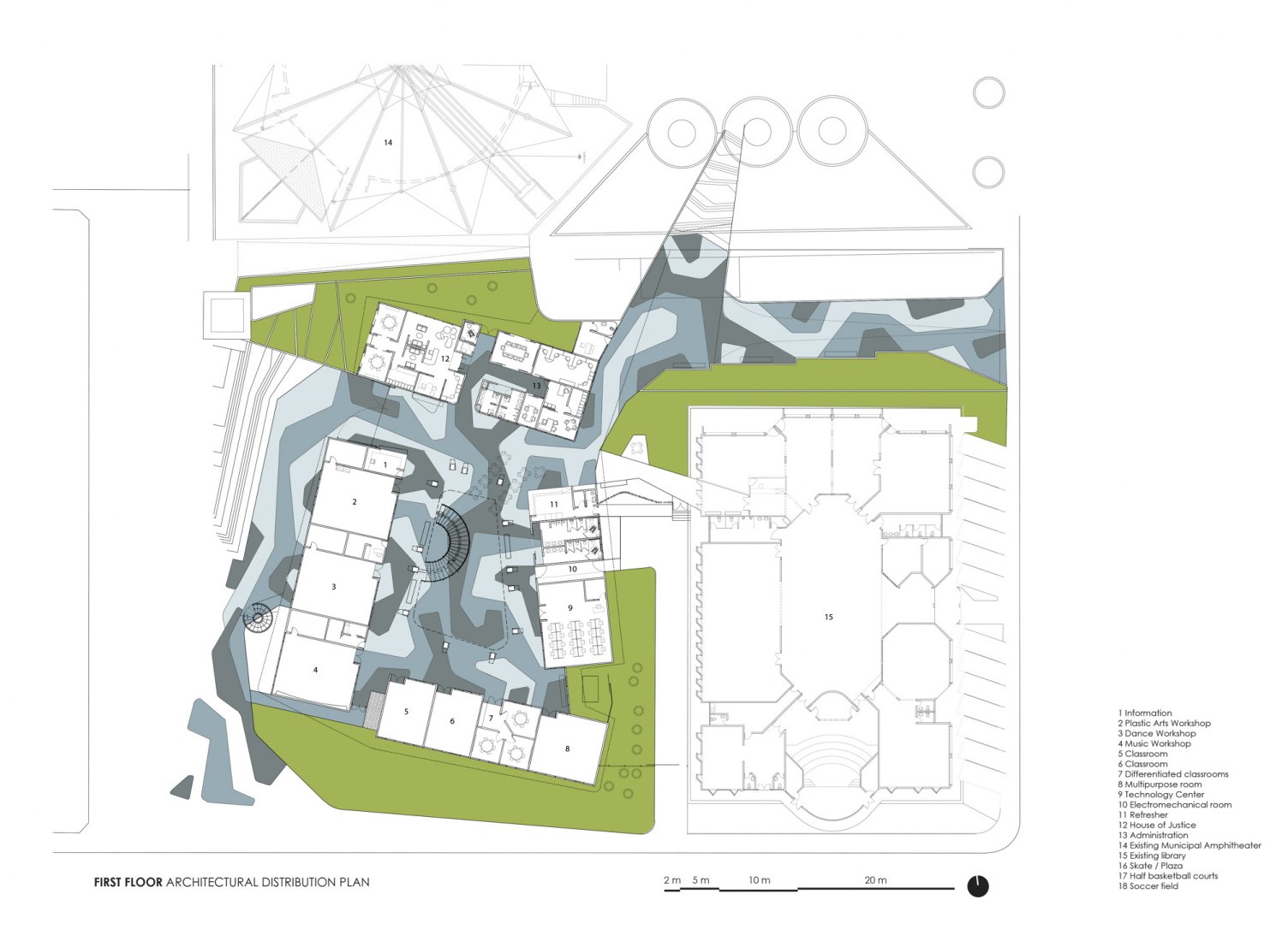 First floor plan. Civic Center for Peace by Norte Sur Arquitectos