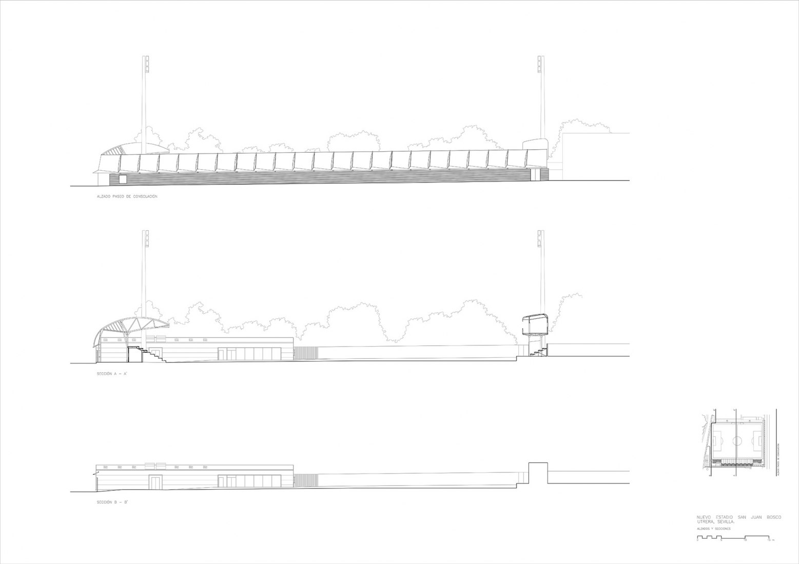 Elevations and sections. San Juan Bosco stadium by Nd_Arquitectos.