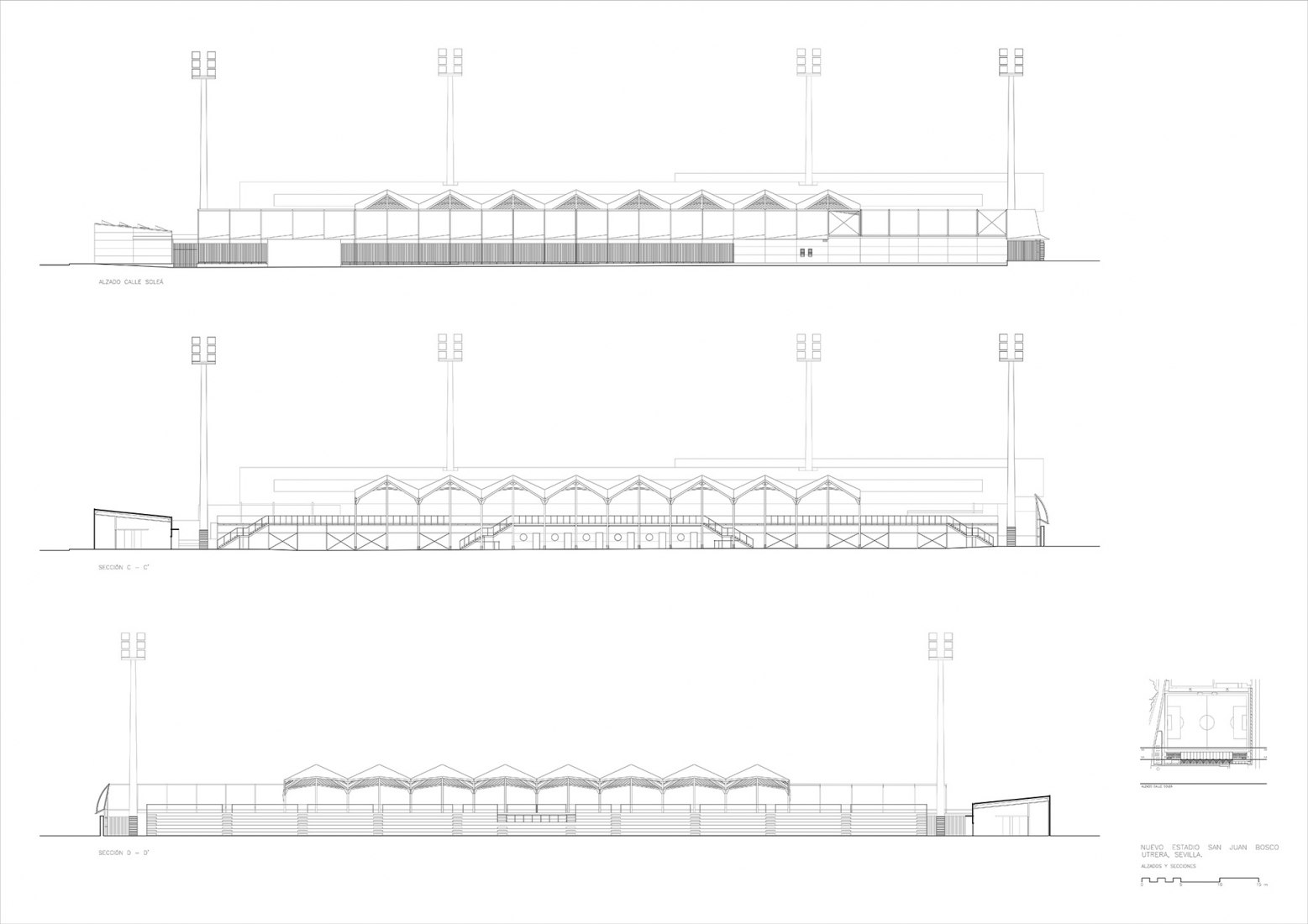 Elevations and sections. San Juan Bosco stadium by Nd_Arquitectos.