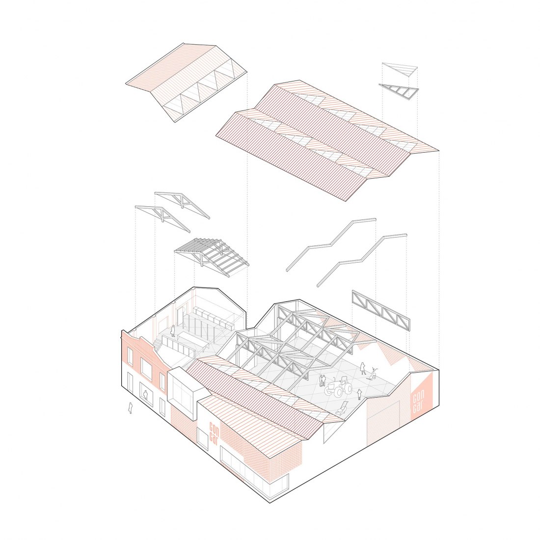 Axonometric. Rehabilitation and expansion of the Gon-Gar Workshops by NUA arquitectures