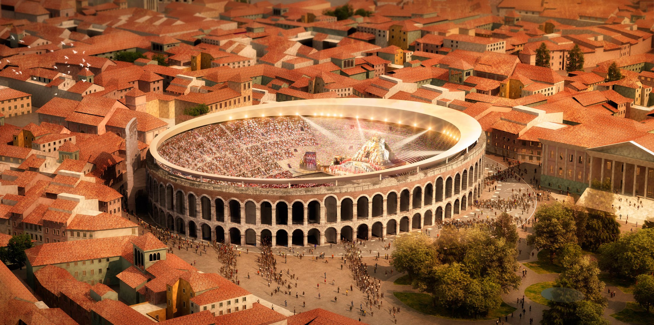 Visualización con la cubierta abierta. La nueva cubierta para el anfiteatro de Verona será diseñada por Gmp Architekten y sbp