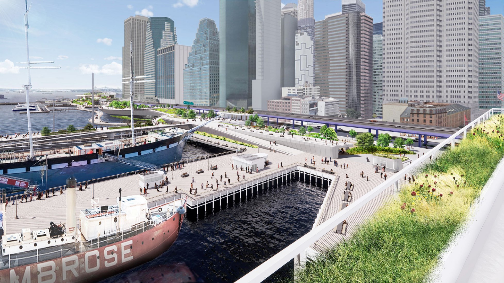 Vista mirando hacia el sur a lo largo de la costa del Bajo Manhattan desde el muelle 17. Imagen cortesía de NYCEDC, MOCR 