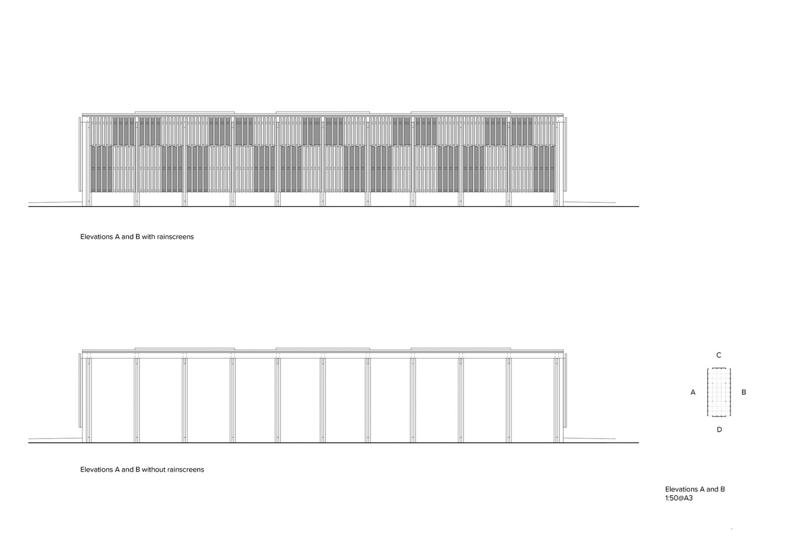 Elevations A and B. Rainbow Pavilion by O'DonnellBrown.