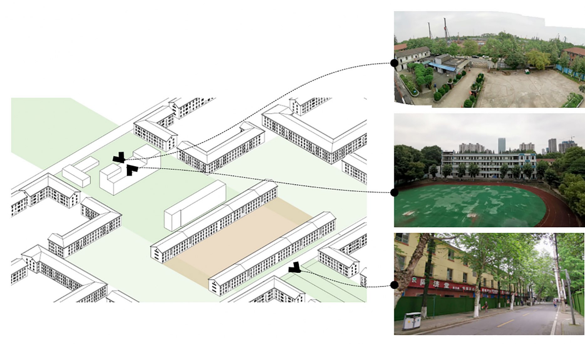 Axonometric site. Detalle muro de ladrillo de la entrada. Centro de diseño creativo de Wuhan por Office for Urban Renewal.