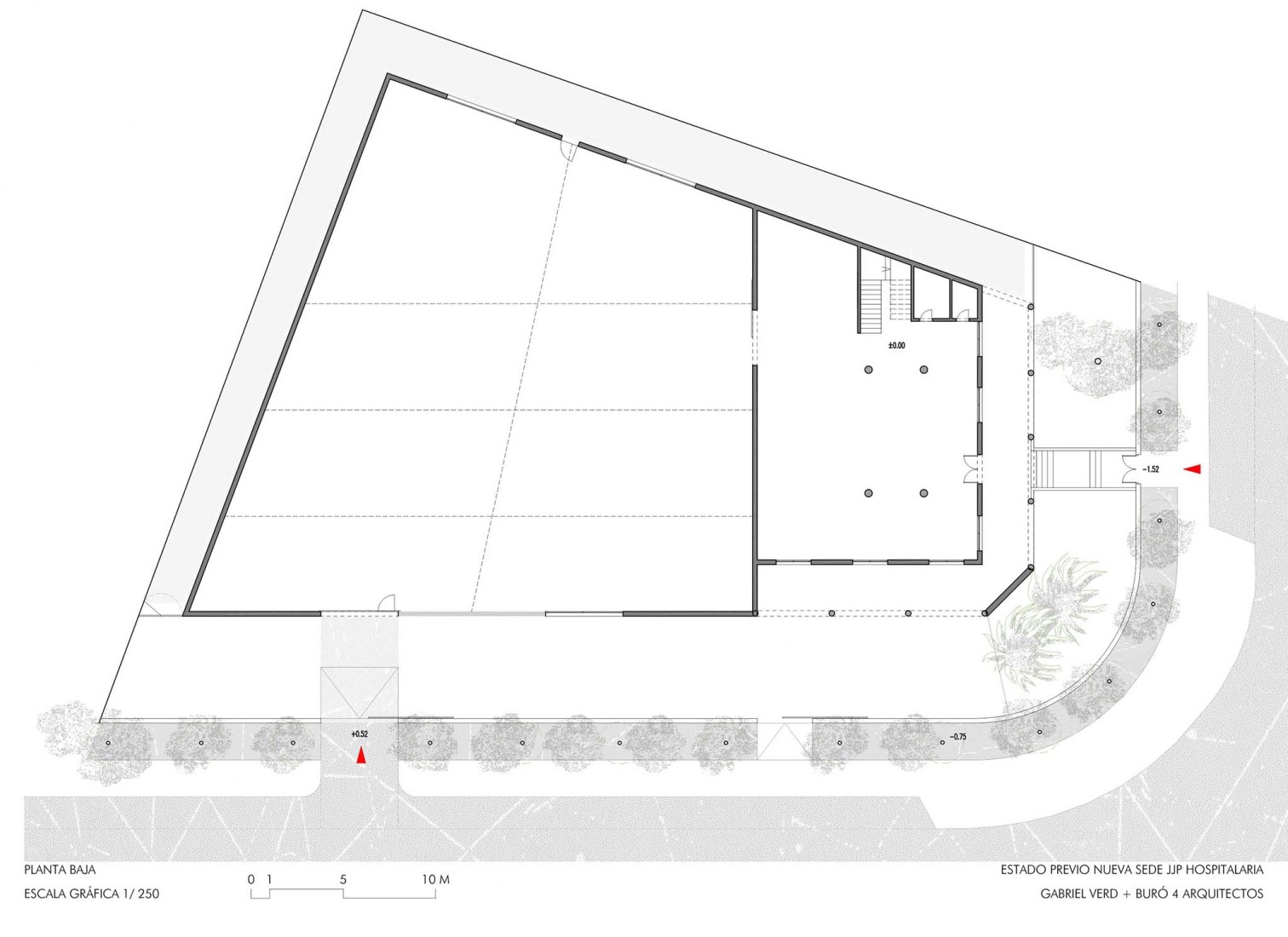 Planta baja - Estado previo. Nueva sede JJP Hospitalaria por Gabriel Verd Arquitectos + Buró4 Arquitectos