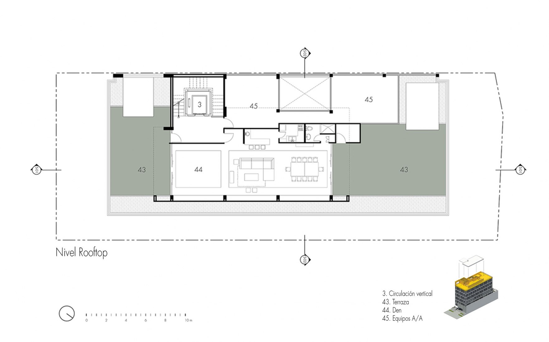 Rooftop floor plan. Office building in Panamá City by Ventura y Asociados Architects. 