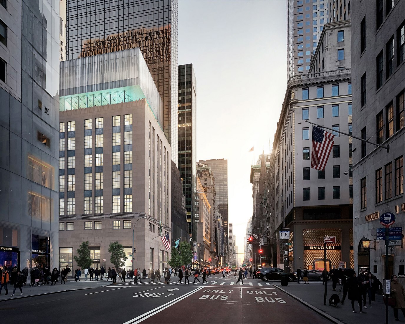 Visualización de la ampliación propuesta en la azotea para el edificio histórico de Tiffany & Co. en la ciudad de Nueva York. Imágenes cortesía de OMA / Bloomimages.de