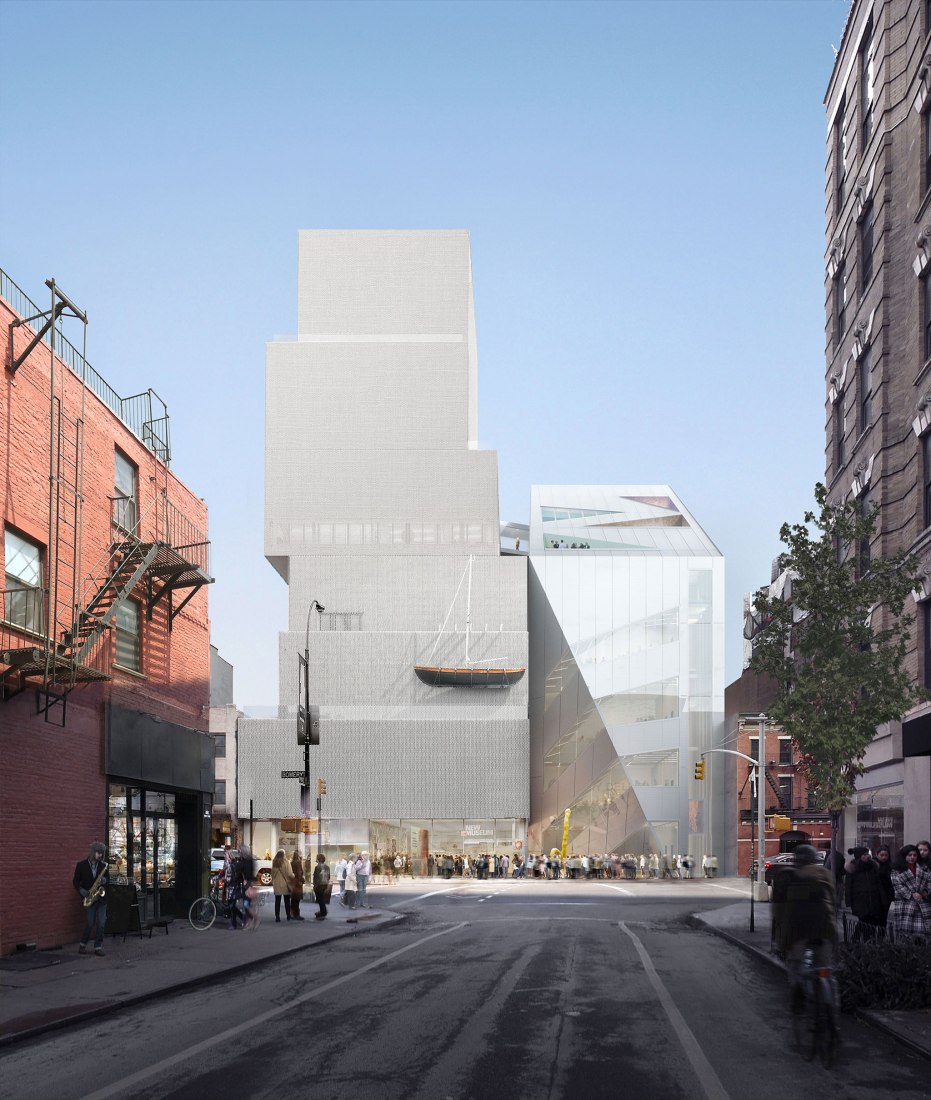La visualización del New Museum y su ampliación, vista desde Prince Street, muestra cómo los materiales de la adición de OMA, a la derecha, rinden homenaje a la apariencia de Sanaa, a la izquierda. La nueva fachada está hecha de una malla que parece metálica durante el día. Imagen cortesía de OMA y Bloomimages.