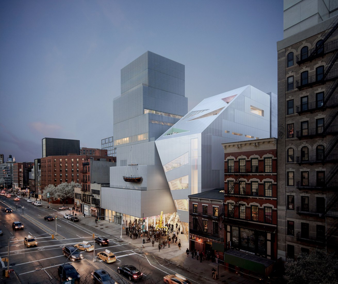 En lugar de renovar su edificio adyacente en Bowery, el Nuevo Museo, arriba a la izquierda en esta representación, lo derribará y comenzará de nuevo. La firma de arquitectura de Rem Koolhaas, OMA, está creando una adición luminosa, derecha, que se conectará con el espacio existente en cada piso, duplicará el espacio de la galería del museo y creará una plaza pública. Imagen cortesía de OMA y Bloomimages.