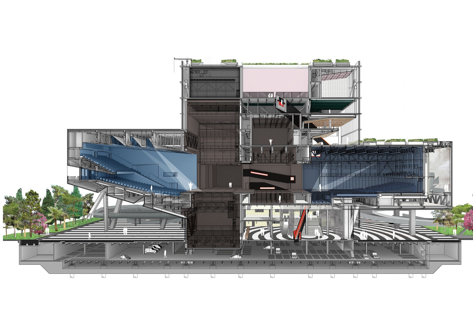 Sectional Perspective Super Theatre. Lobby circulation. Taipei Performing Arts Center 豪北藝術中心興建工程 by OMA. Image courtesy of OMA