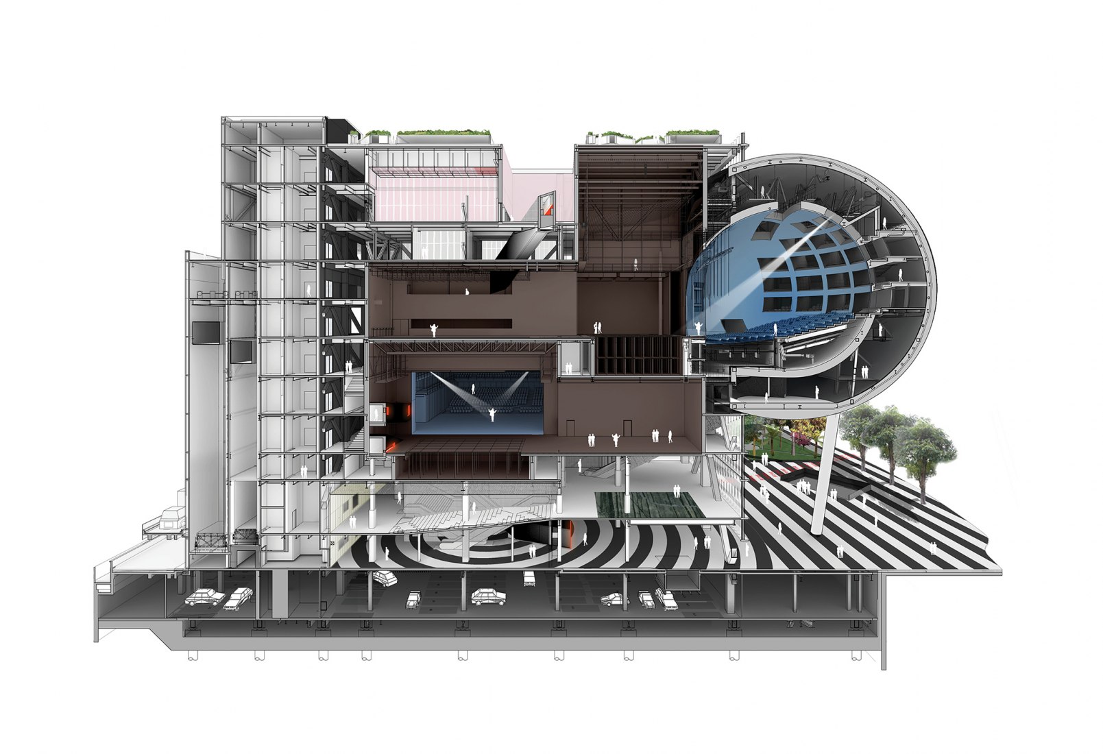 Sectional perspective Proscenium Plavhouse. Taipei Performing Arts Center 豪北藝術中心興建工程 by OMA. Image courtesy of OMA