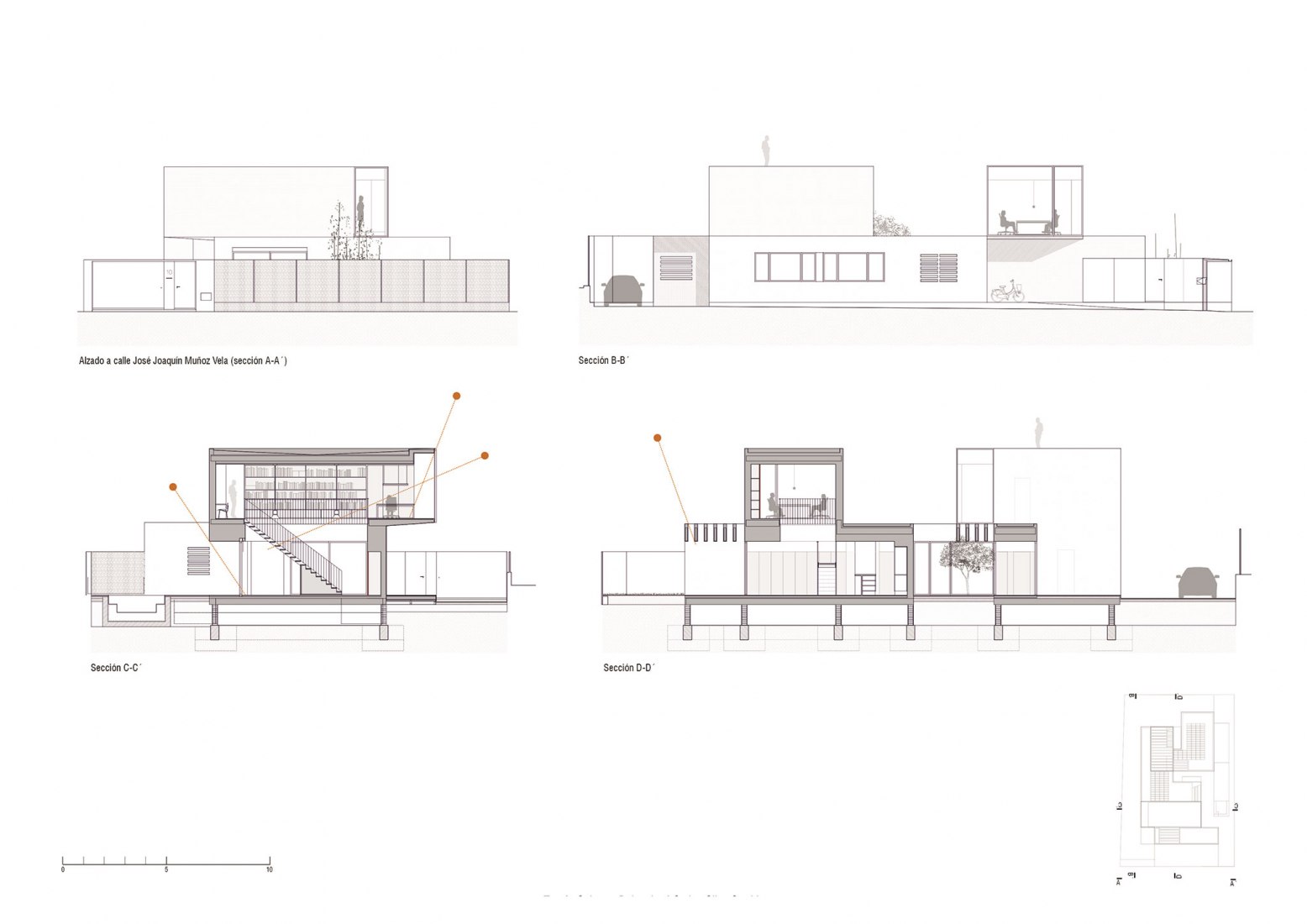 Alzado y seccón A-A', B-B', C-C' y D-D'. Casa PSM por OOOA Arquitectos