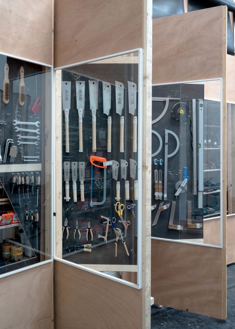 The tool cabinet in the workshop. "Open for Maintenance" by Arch+, Summacumfemmer, Büro Juliane Greb, 2023.