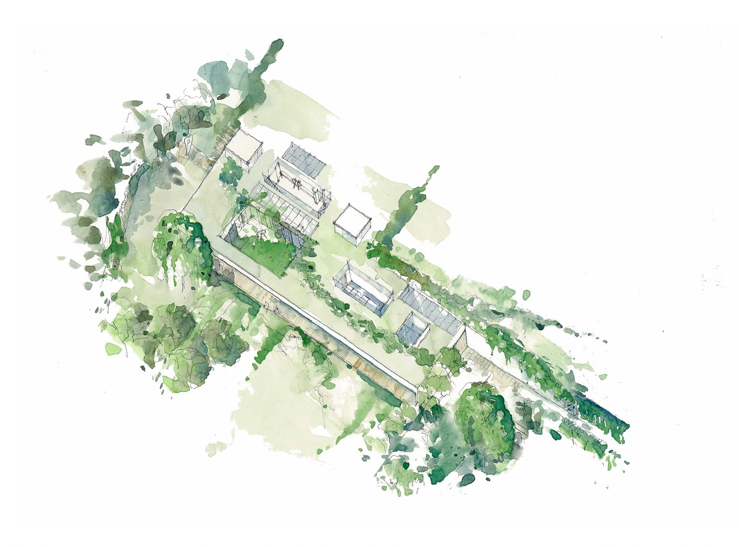 Landscape Axonometric Watercolour. Image © courtesy of Loyn + Co Architects.