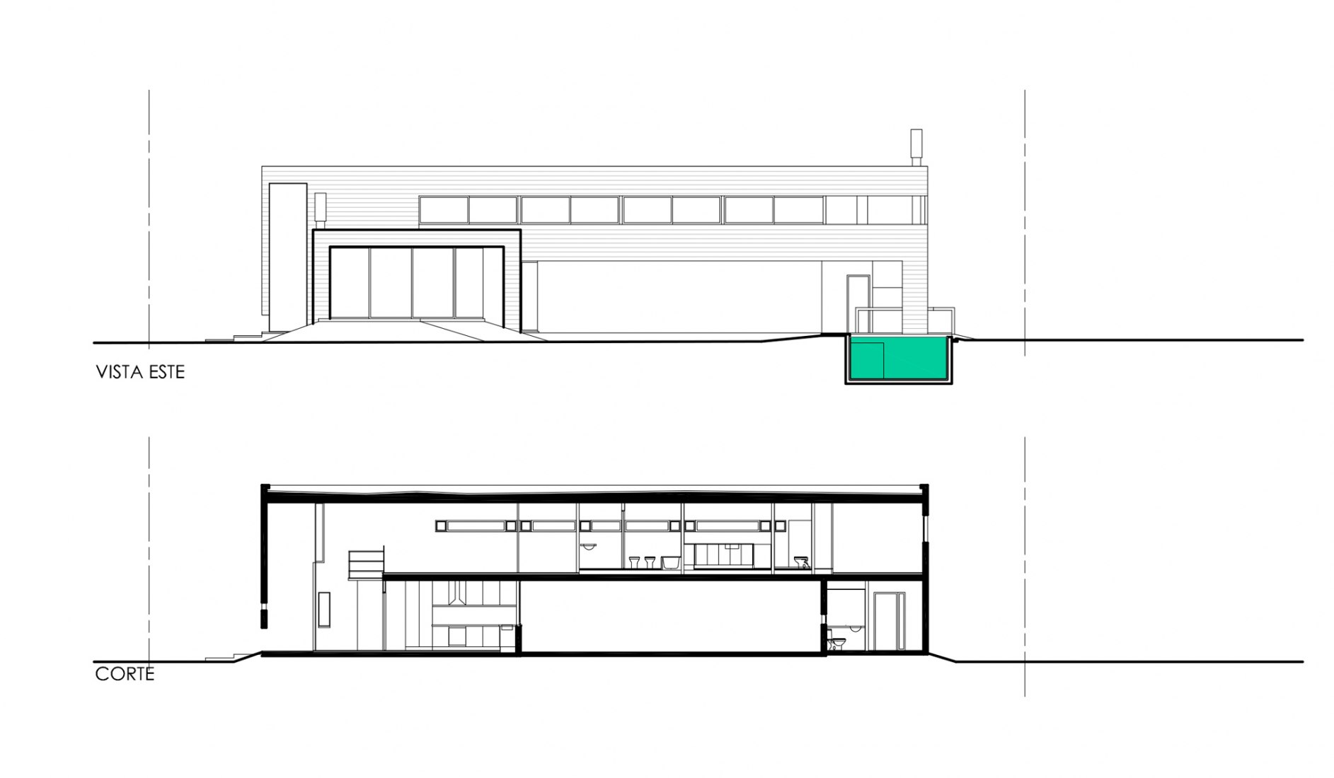 Alzado este y sección. Casa KM por Pablo Gagliardo.
