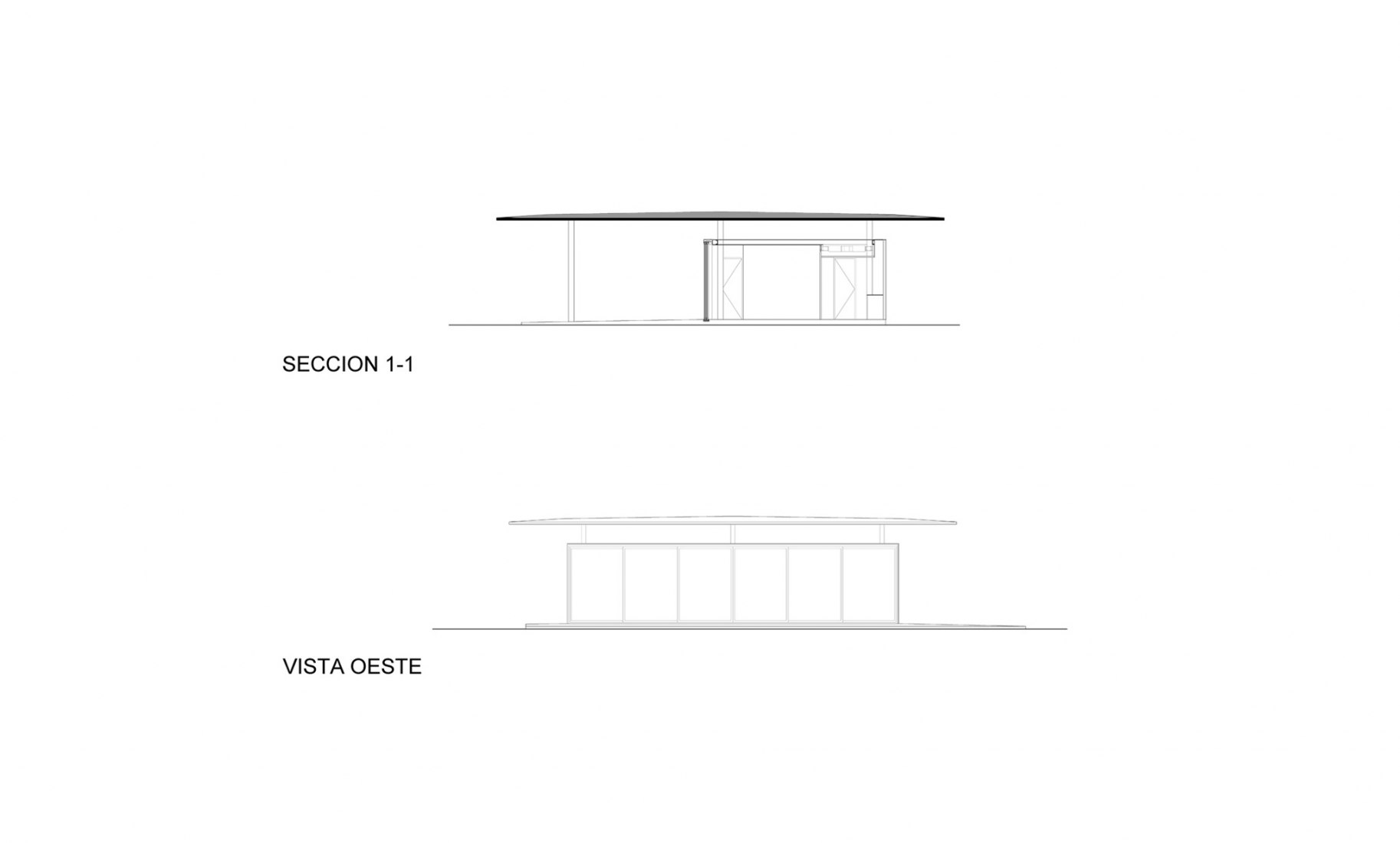 Section and West elevation. La Nave Pavilion by Estudio Pablo Gagliardo.