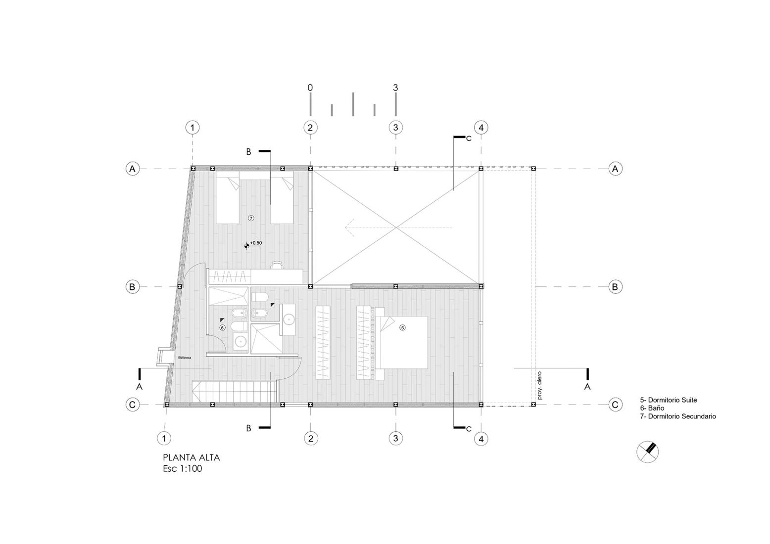 Plano de planta primera. Casa Solar por Pablo Senmartin Arquitectos. 